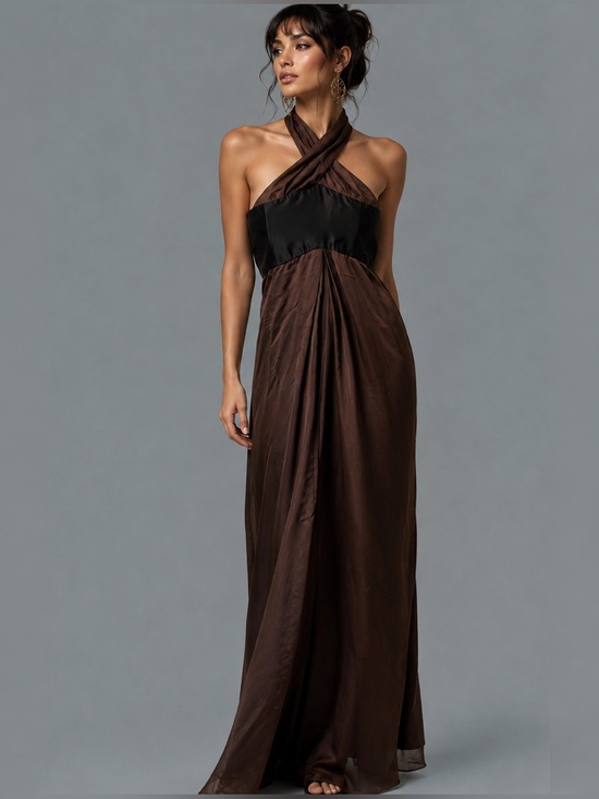 Kenzo Dresses & Skirts - Vintage KENZO Defile Runway 100% Silk Halter Maxi Dress Brown Black Colorblock 8